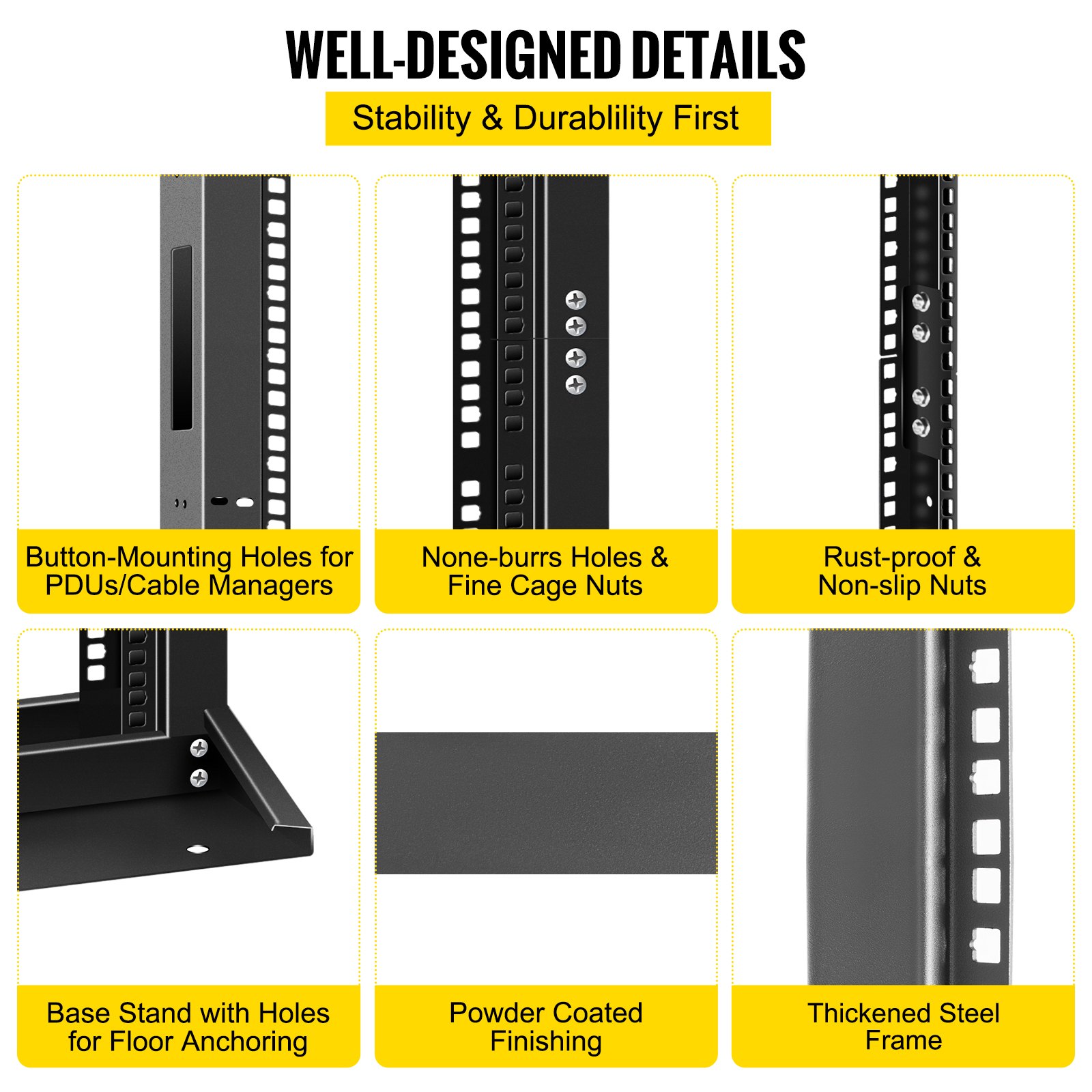VEVOR Server Rack, 45U Open Frame Rack, 2-Post IT Server Network Relay Rack, 19 Inch Server/Audio Network Equipment Rack Cold Rolled Steel, Heavy Duty Threaded Rack, Holds Network Servers & AV Gear