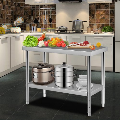 VEVOR Stainless Steel Prep Table, 48 x 18 x 34 Inch, 550lbs Load Capacity Heavy Duty Metal Worktable with Adjustable Undershelf, Commercial Workstation for Kitchen Restaurant Garage Backyard