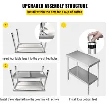 VEVOR Stainless Steel Prep Table, 122 x 46 x 86 cm, 250kg Load Capacity Heavy Duty Metal Worktable with Adjustable Undershelf, Commercial Workstation for Kitchen Restaurant Garage Backyard