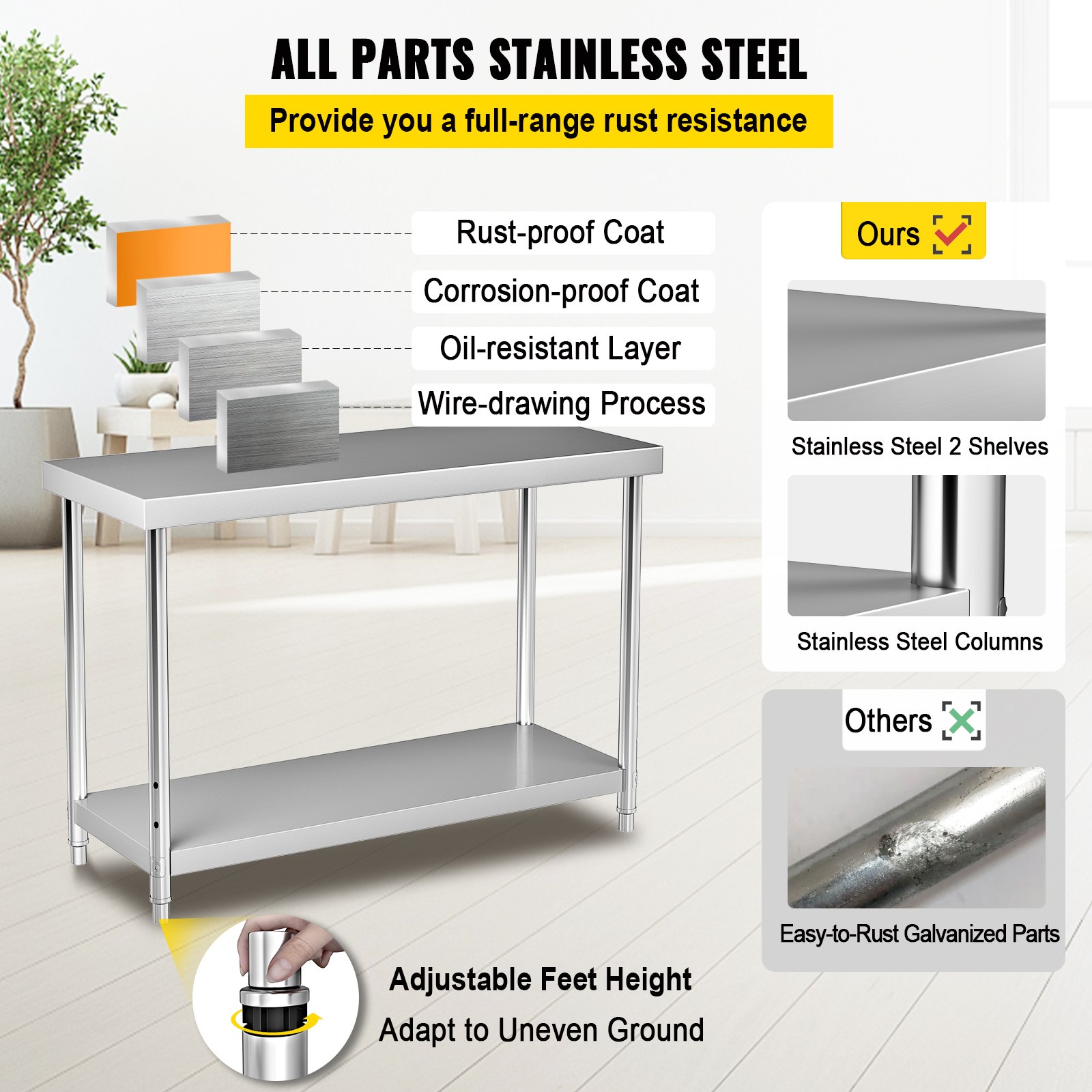 VEVOR Stainless Steel Prep Table, 48 x 18 x 34 Inch, 550lbs Load Capacity Heavy Duty Metal Worktable with Adjustable Undershelf, Commercial Workstation for Kitchen Restaurant Garage Backyard