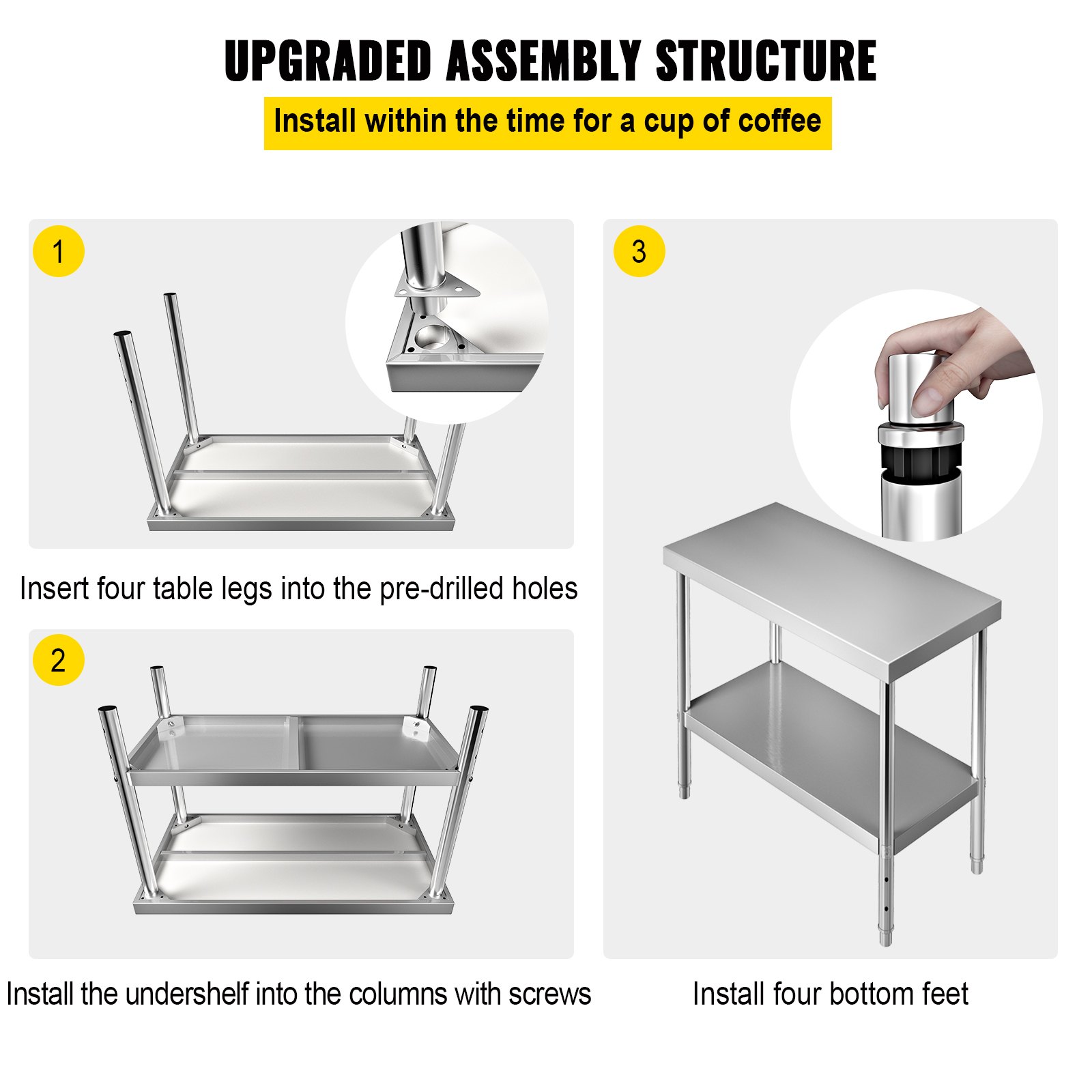 VEVOR Stainless Steel Prep Table, 48 x 18 x 34 Inch, 550lbs Load Capacity Heavy Duty Metal Worktable with Adjustable Undershelf, Commercial Workstation for Kitchen Restaurant Garage Backyard