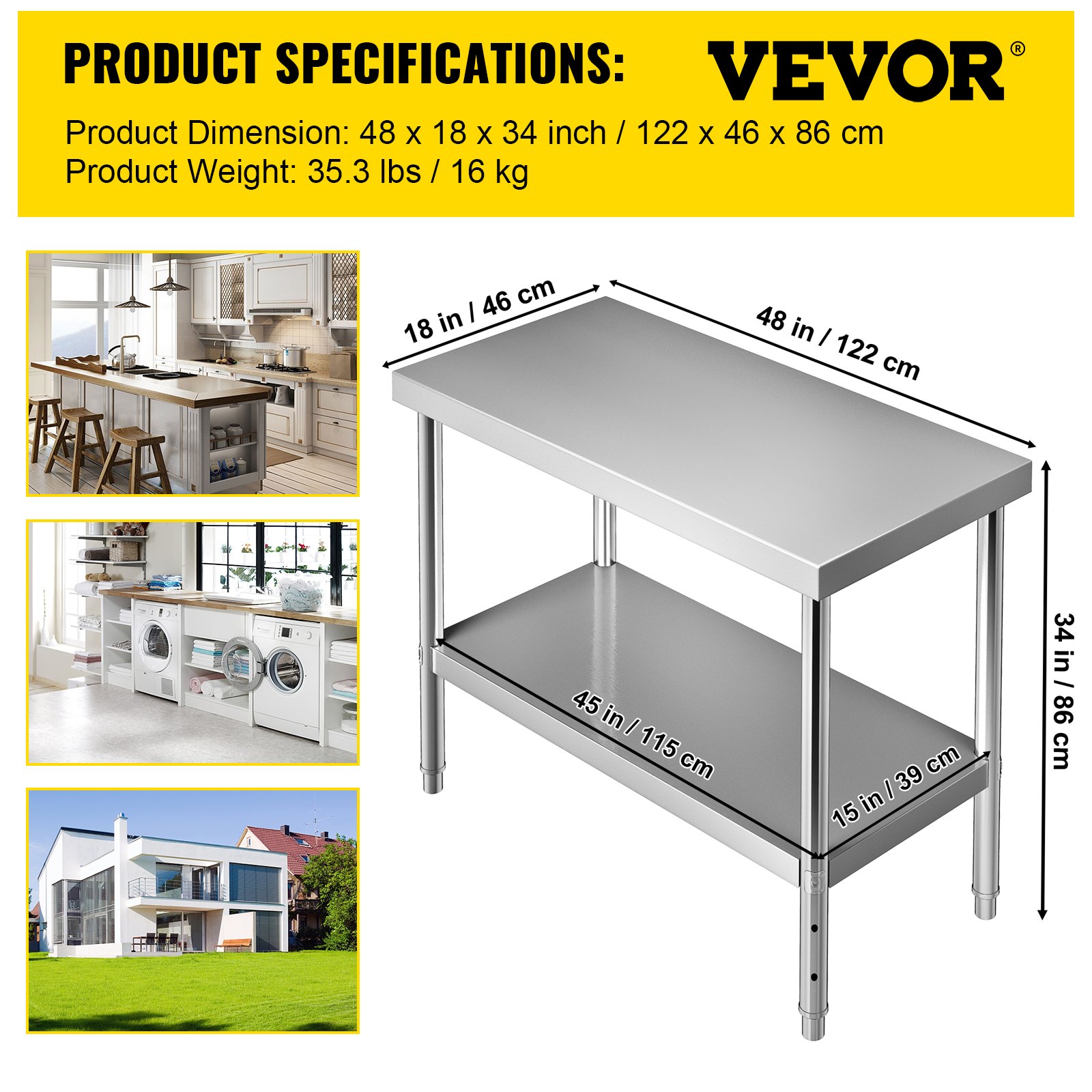 VEVOR Stainless Steel Prep Table, 48 x 18 x 34 Inch, 550lbs Load Capacity Heavy Duty Metal Worktable with Adjustable Undershelf, Commercial Workstation for Kitchen Restaurant Garage Backyard