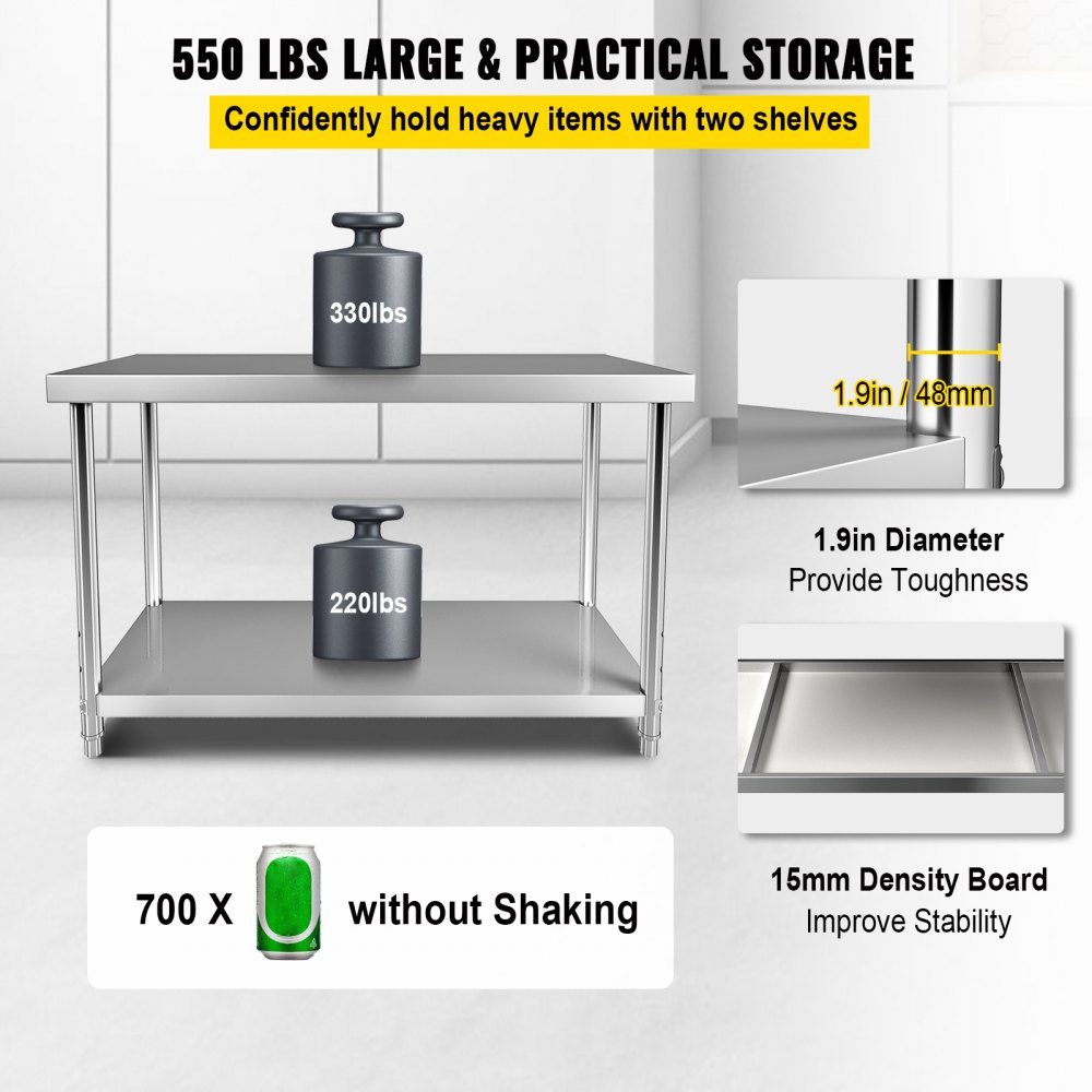 VEVOR Stainless Steel Prep Table, 48 x 24 x 34 Inch, 550lbs Load Capacity Heavy Duty Metal Worktable with Adjustable Undershelf, Commercial Workstation for Kitchen Restaurant Garage Backyard