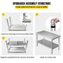 VEVOR Stainless Steel Prep Table, 48 x 24 x 34 Inch, 550lbs Load Capacity Heavy Duty Metal Worktable with Adjustable Undershelf, Commercial Workstation for Kitchen Restaurant Garage Backyard