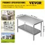 VEVOR Stainless Steel Prep Table, 48 x 24 x 34 Inch, 550lbs Load Capacity Heavy Duty Metal Worktable with Adjustable Undershelf, Commercial Workstation for Kitchen Restaurant Garage Backyard