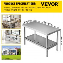 Table de préparation de travail en acier inoxydable VEVOR Table de préparation de nourriture commerciale 48x24x34 pouces