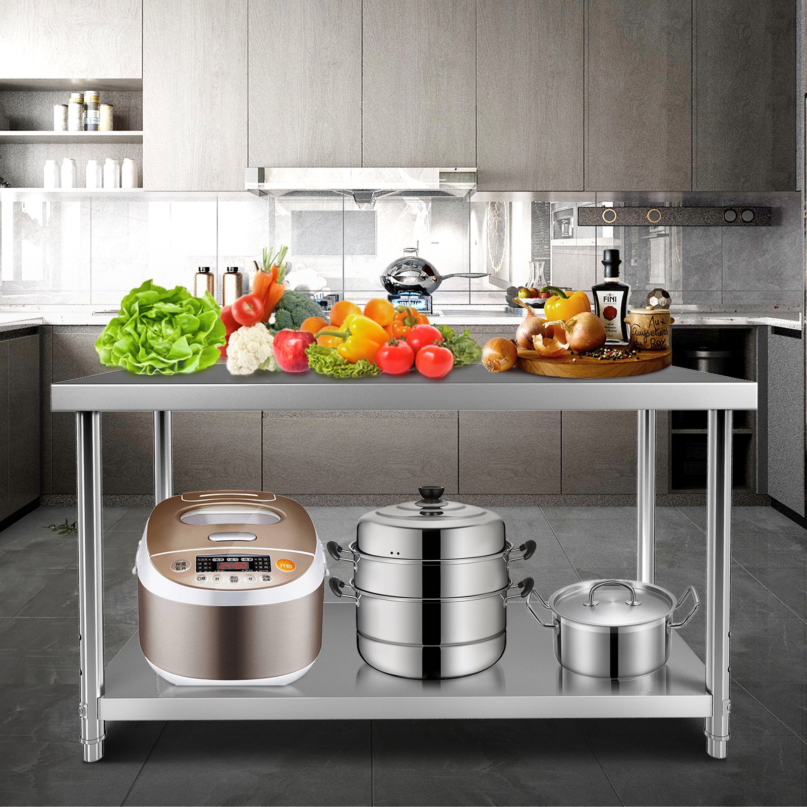 VEVOR Stainless Steel Prep Table, 48 x 24 x 34 Inch, 550lbs Load Capacity Heavy Duty Metal Worktable with Adjustable Undershelf, Commercial Workstation for Kitchen Restaurant Garage Backyard