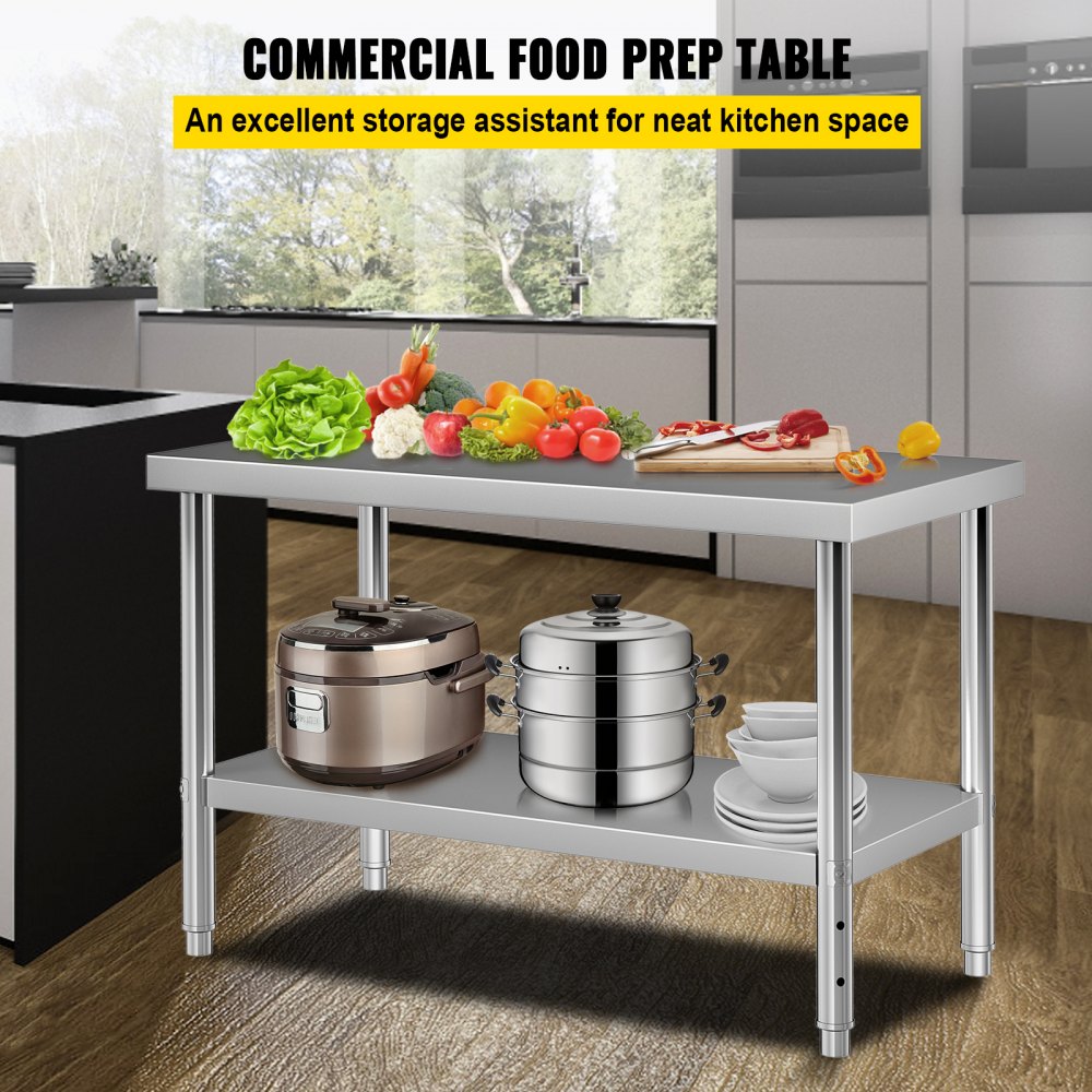 VEVOR Maple Top Work Table 36 x 30 in. Stainless Steel Kitchen Prep Table Wood with Lower Shelf Kitchen Utility Table, Silver