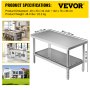 VEVOR Stainless Steel Work Prep Table Commercial Food Prep Table 48x30x34in