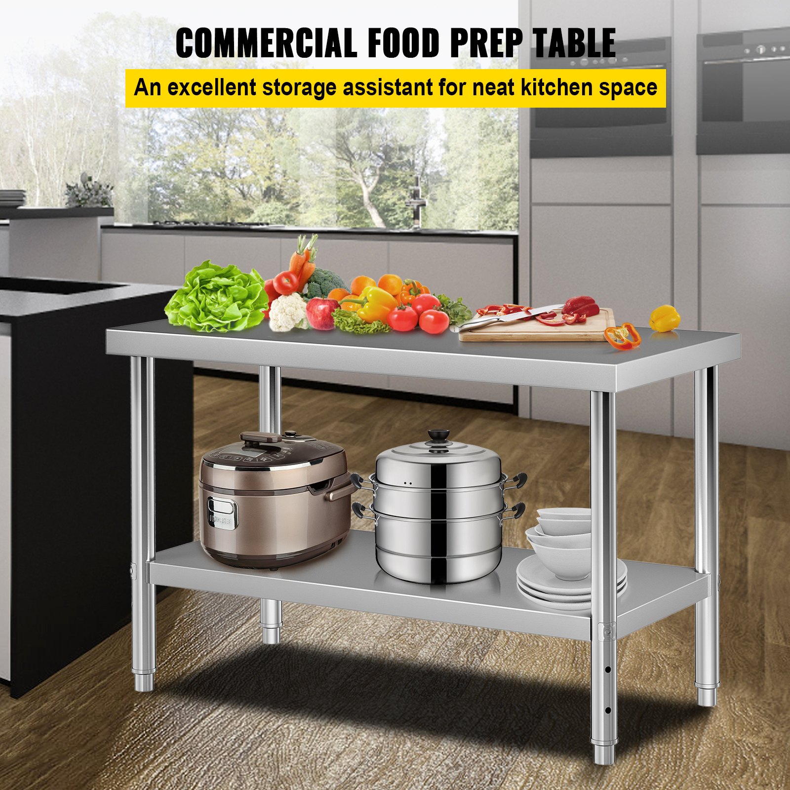 VEVOR Stainless Steel Prep Table, 122 x 76 x 87 cm, 250kg Load Capacity Heavy Duty Metal Worktable with Adjustable Undershelf, Commercial Workstation for Kitchen Restaurant Garage Backyard