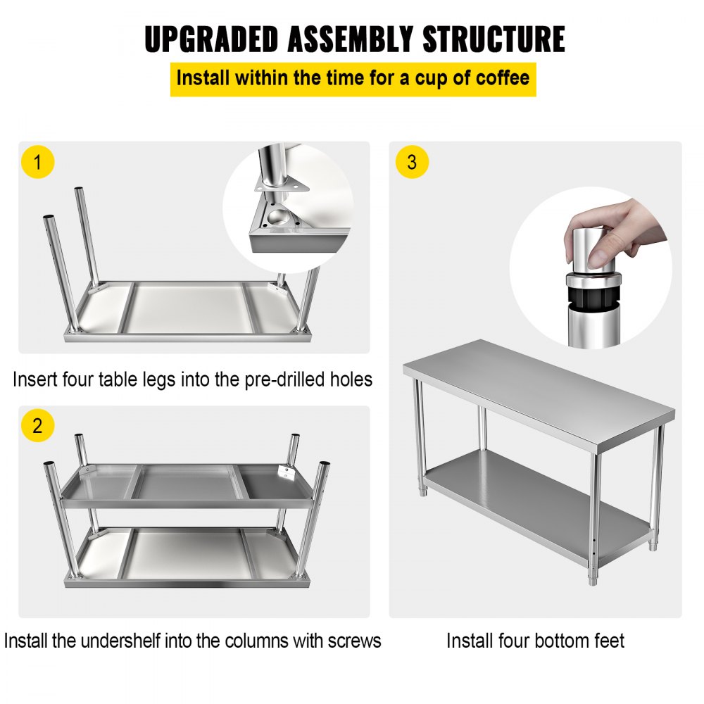 VEVOR Stainless Steel Prep Table, 60 x 24 x 34 Inch, 550lbs Load Capacity Heavy Duty Metal Worktable with Adjustable Undershelf, Commercial Workstation for Kitchen Restaurant Garage Backyard