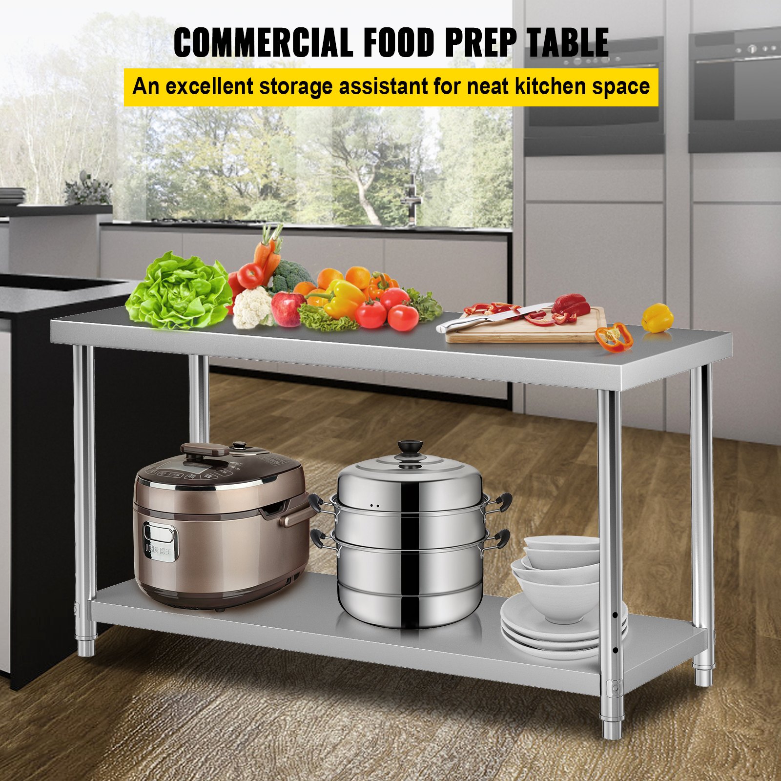 VEVOR Stainless Steel Prep Table, 60 x 24 x 34 Inch, 550lbs Load Capacity Heavy Duty Metal Worktable with Adjustable Undershelf, Commercial Workstation for Kitchen Restaurant Garage Backyard