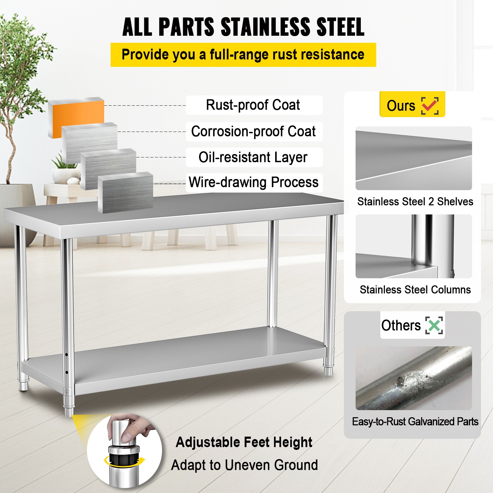 VEVOR Stainless Steel Prep Table, 60 x 24 x 34 Inch, 550lbs Load Capacity Heavy Duty Metal Worktable with Adjustable Undershelf, Commercial Workstation for Kitchen Restaurant Garage Backyard
