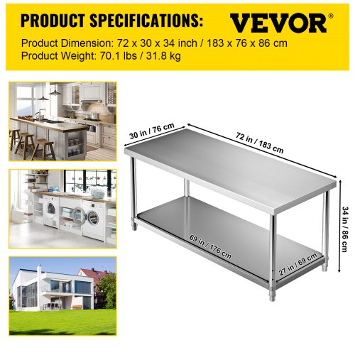 VEVOR Stainless Steel Prep Table, 72 x 30 x 34 Inch, 550lbs Load Capacity Heavy Duty Metal Worktable with Adjustable Undershelf, Commercial Workstation for Kitchen Restaurant Garage Backyard