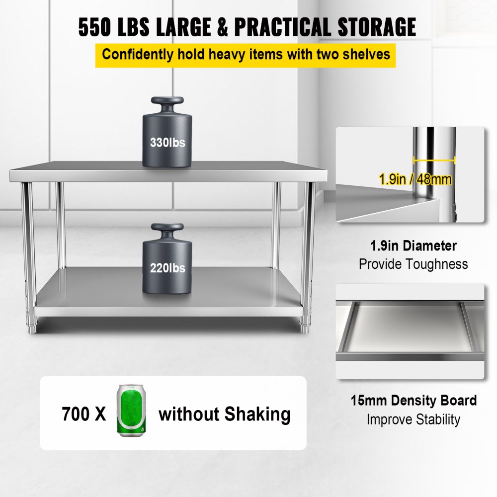 VEVOR Stainless Steel Prep Table, 182.9 x 76.2 x 86.4 cm, 249.5 kg Load Capacity Heavy Duty Metal Worktable with Adjustable Undershelf, Commercial Workstation for Kitchen Restaurant Garage Backyard