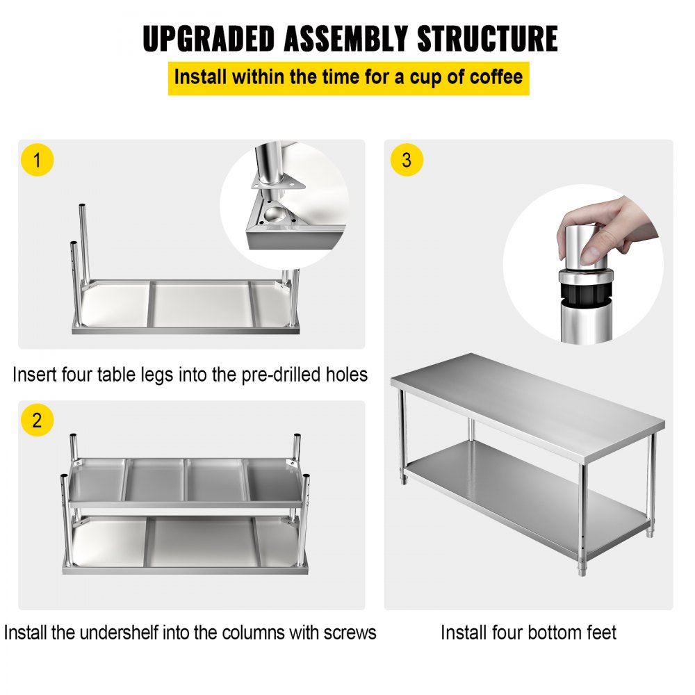 VEVOR Stainless Steel Prep Table, 72 x 30 x 34 Inch, 550lbs Load Capacity Heavy Duty Metal Worktable with Adjustable Undershelf, Commercial Workstation for Kitchen Restaurant Garage Backyard