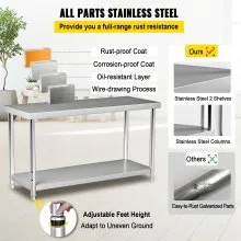 VEVOR Stainless Steel Work Prep Table Commercial Food Prep Table 72x30x34in