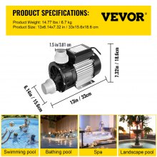 VEVOR Swimming 1HP 750W SPA 365 L/Min Hot Tub Water Circulation Pump Above Ground Pool and Whirlpool Bath, Black