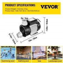 VEVOR Swimming 0.5HP 550W SPA 325 L/Min Bomba de circulación de agua para bañera de hidromasaje sobre el suelo, piscina y bañera de hidromasaje, color negro