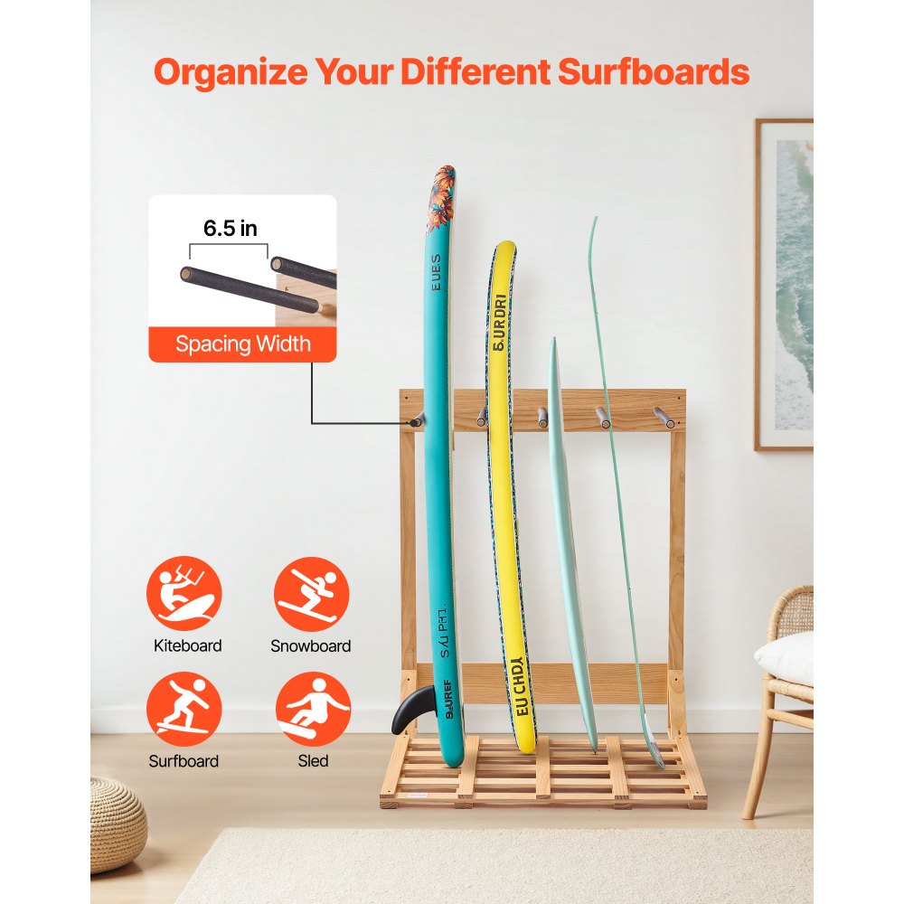 VEVOR Vertical Surfboard Stand, 4 Tiers Wooden Surfboard Rack for Storage and Display, Freestanding Board Stand Organizer, Surf Board Holder for Wakeboards, Snowboards, Kiteboards, Shortboard, Skis