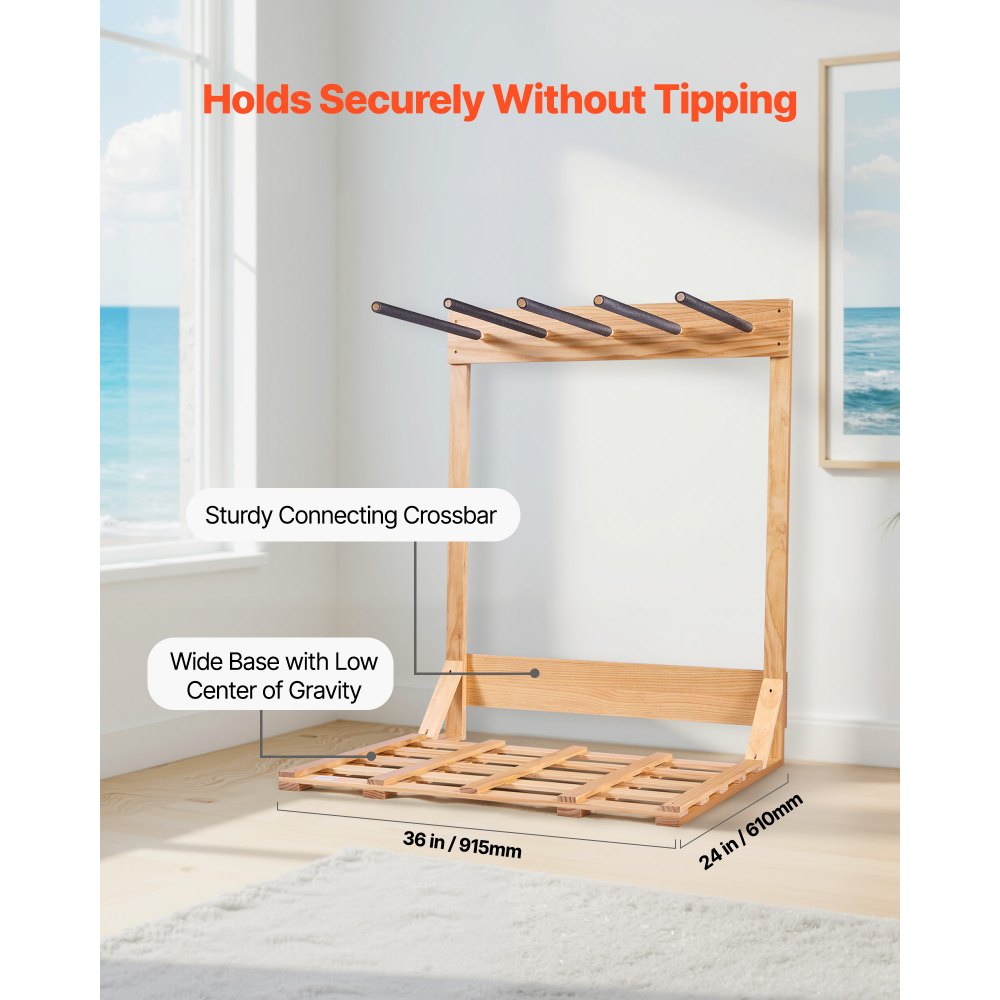 VEVOR Vertical Surfboard Stand, 4 Tiers Wooden Surfboard Rack for Storage and Display, Freestanding Board Stand Organizer, Surf Board Holder for Wakeboards, Snowboards, Kiteboards, Shortboard, Skis