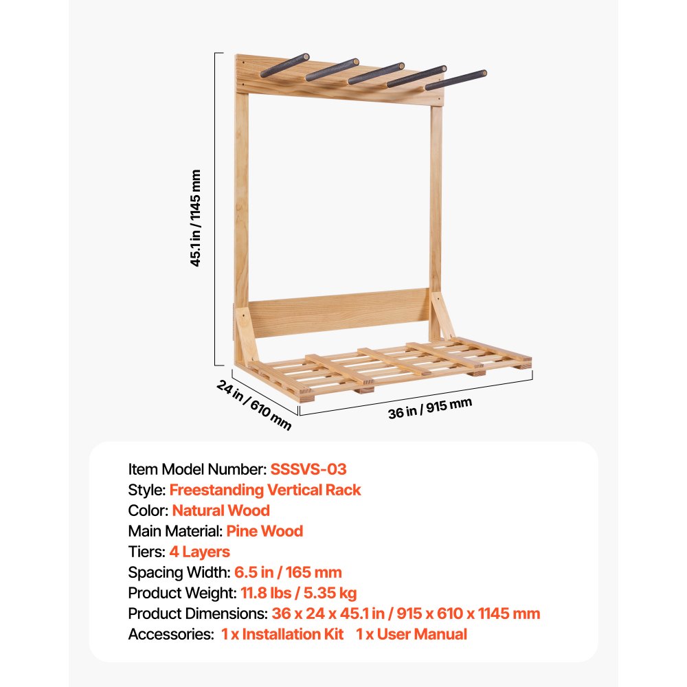 VEVOR Vertical Surfboard Stand, 4 Tiers Wooden Surfboard Rack for Storage and Display, Freestanding Board Stand Organizer, Surf Board Holder for Wakeboards, Snowboards, Kiteboards, Shortboard, Skis