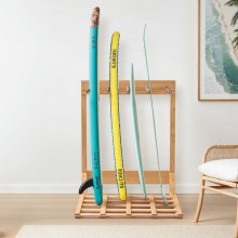 VEVOR Vertical Surfboard Stand, 4 Tiers Wooden Surfboard Rack for Storage and Display, Freestanding Board Stand Organizer, Surf Board Holder for Wakeboards, Snowboards, Kiteboards, Shortboard, Skis