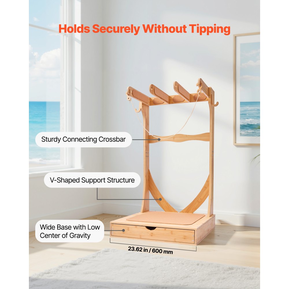 VEVOR Vertical Surfboard Stand, 3 Tiers Wooden Surfboard Rack for Storage and Display, Freestanding Board Stand Organizer with Hanging Hooks & Cork Padding, for Wakeboards, Snowboards, Kiteboards