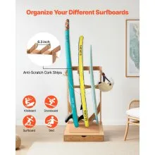 VEVOR Vertical Surfboard Stand, 3 Tiers Wooden Surfboard Rack for Storage and Display, Freestanding Board Stand Organizer with Hanging Hooks & Cork Padding, for Wakeboards, Snowboards, Kiteboards