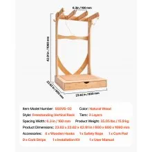 VEVOR Vertical Surfboard Stand, 3 Tiers Wooden Surfboard Rack for Storage and Display, Freestanding Board Stand Organizer with Hanging Hooks & Cork Padding, for Wakeboards, Snowboards, Kiteboards