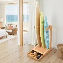 VEVOR Vertical Surfboard Stand, 3 Tiers Wooden Surfboard Rack for Storage and Display, Freestanding Board Stand Organizer with Hanging Hooks & Cork Padding, for Wakeboards, Snowboards, Kiteboards
