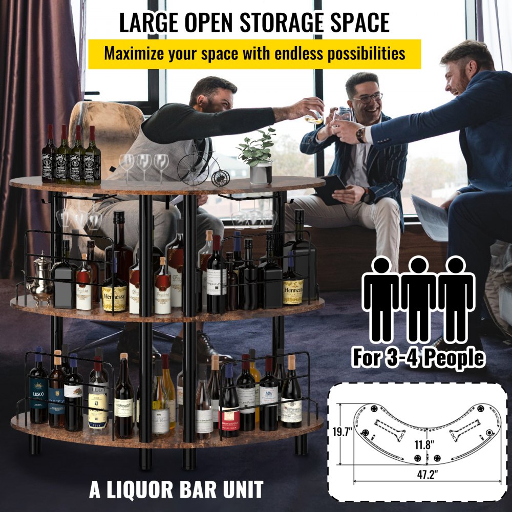 VEVOR Home Bar Unit, 3 niveles para licor con barandillas mejoradas, mesa de esquina con estantes de almacenamiento, soporte para copas de vino y anillo de linterna de hierro para cocina, pub (marrón rústico)