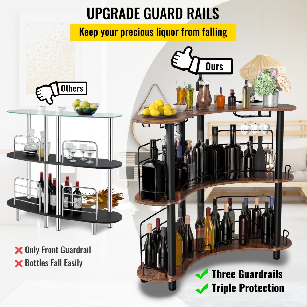 VEVOR Home Bar Unit, 3 niveles para licor con barandillas mejoradas, mesa de esquina con estantes de almacenamiento, soporte para copas de vino y anillo de linterna de hierro para cocina, pub (marrón rústico)