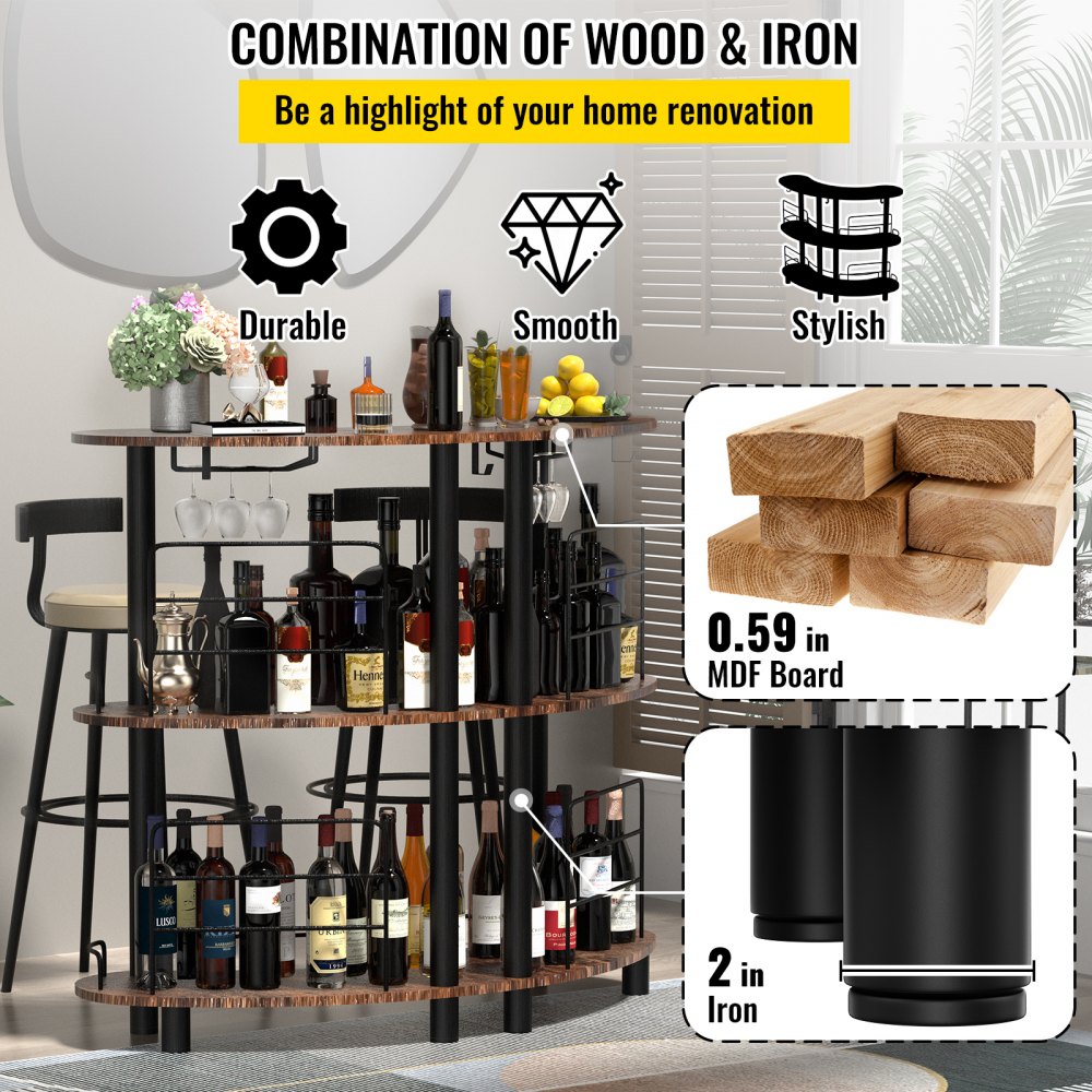 VEVOR Home Bar Unit, 3 niveles para licor con barandillas mejoradas, mesa de esquina con estantes de almacenamiento, soporte para copas de vino y anillo de linterna de hierro para cocina, pub (marrón rústico)