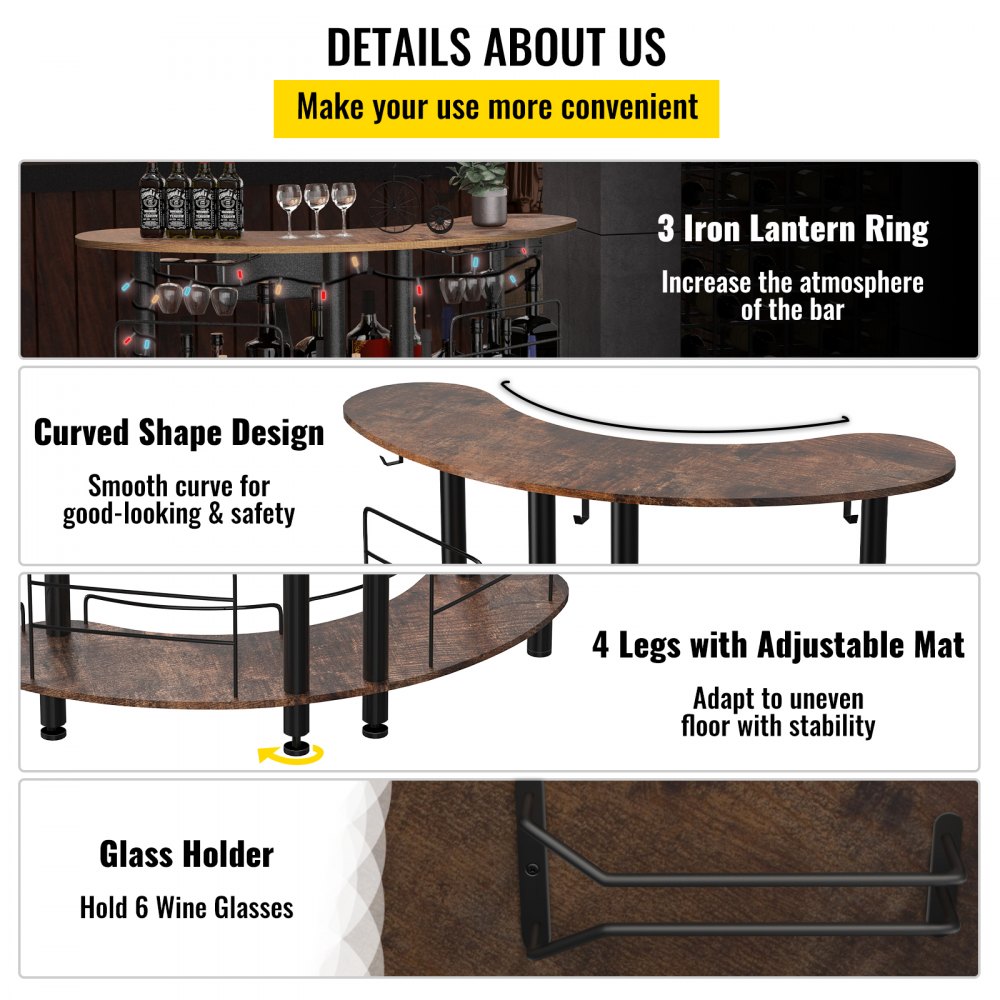 VEVOR Home Bar Unit, 3 niveles para licor con barandillas mejoradas, mesa de esquina con estantes de almacenamiento, soporte para copas de vino y anillo de linterna de hierro para cocina, pub (marrón rústico)