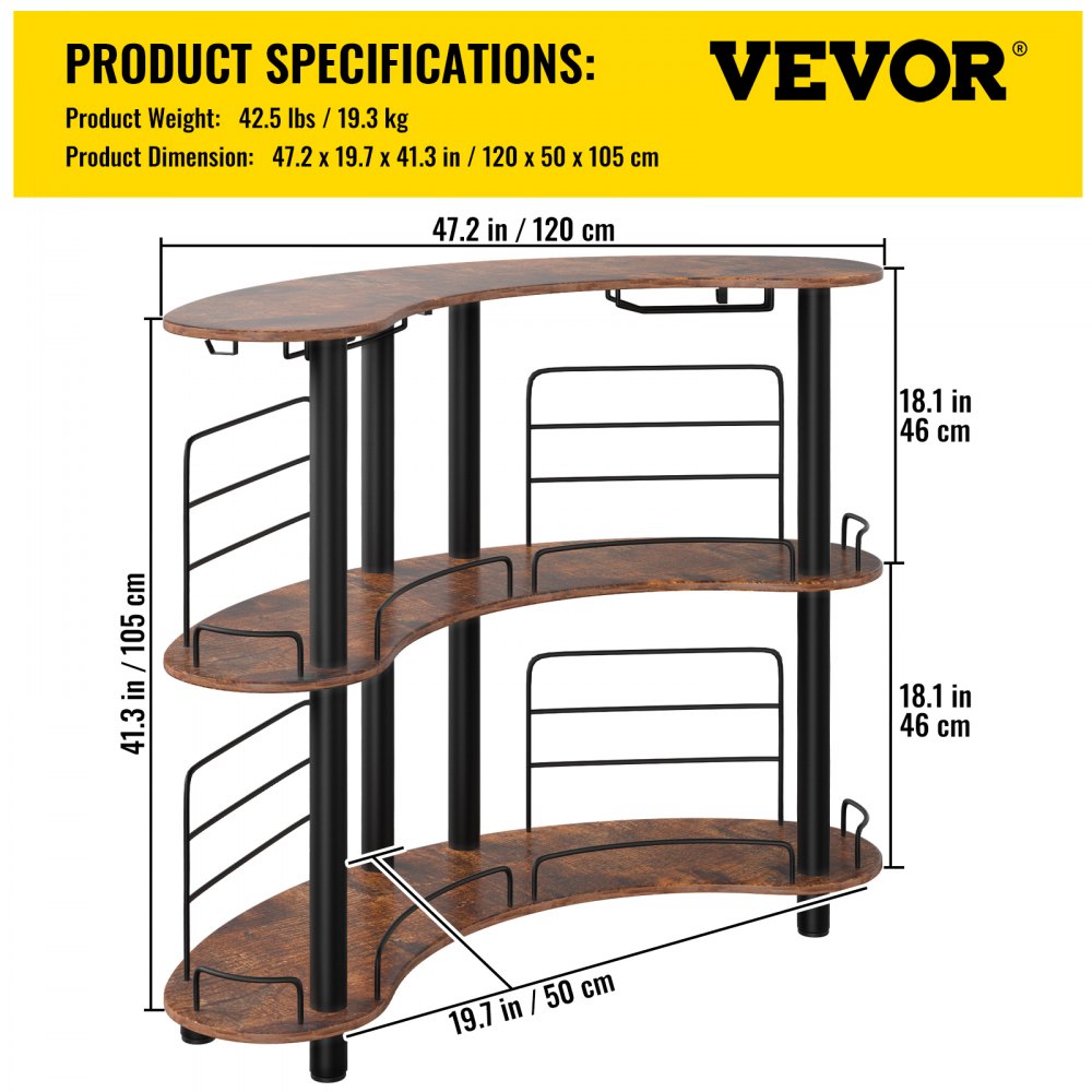 VEVOR Home Bar Unit, 3 niveles para licor con barandillas mejoradas, mesa de esquina con estantes de almacenamiento, soporte para copas de vino y anillo de linterna de hierro para cocina, pub (marrón rústico)