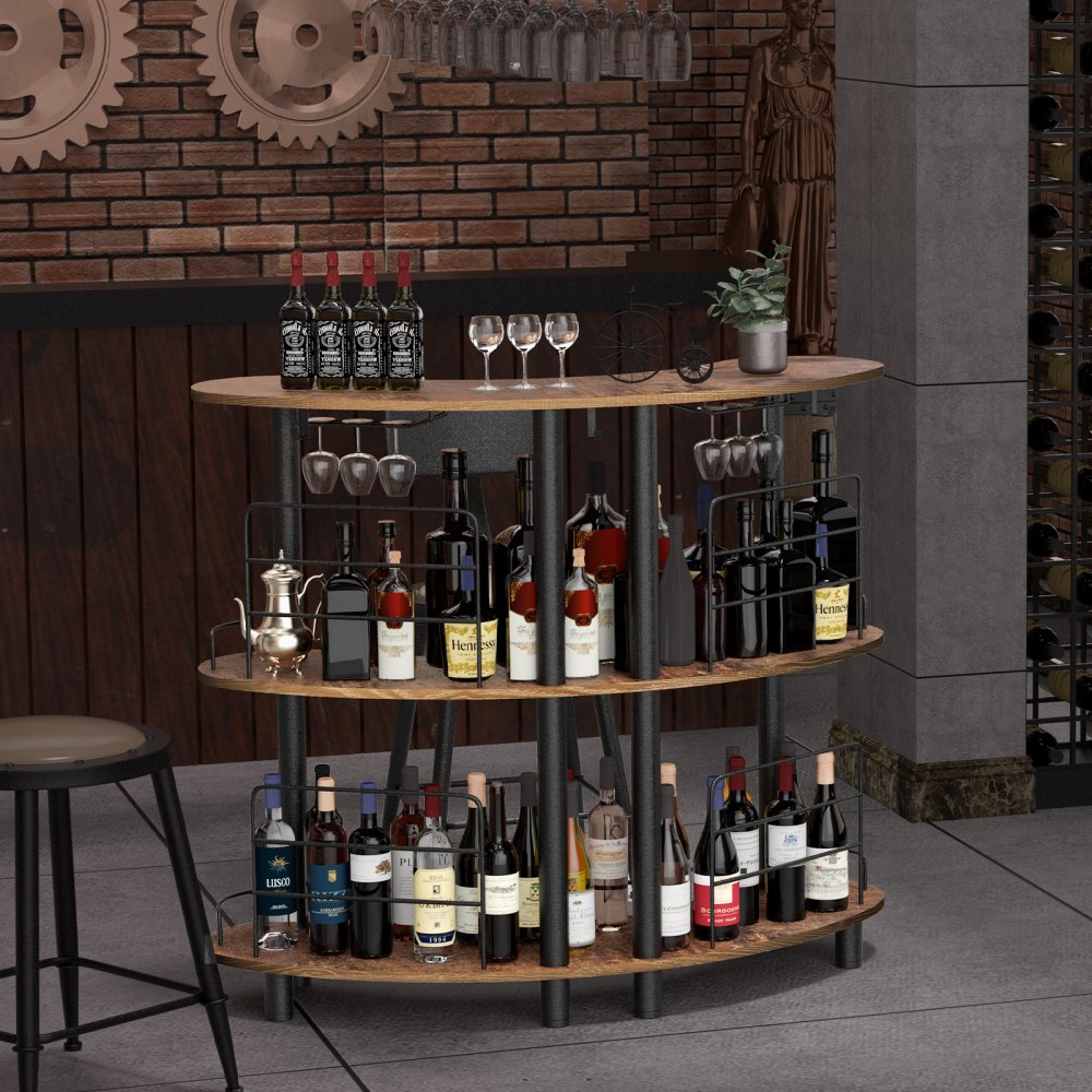 VEVOR Home Bar Unit, 3 niveles para licor con barandillas mejoradas, mesa de esquina con estantes de almacenamiento, soporte para copas de vino y anillo de linterna de hierro para cocina, pub (marrón rústico)
