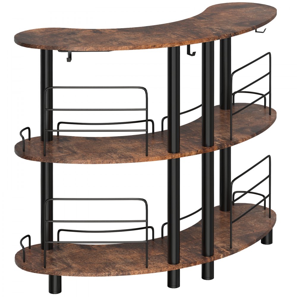 VEVOR Home Bar Unit, 3 niveles para licor con barandillas mejoradas, mesa de esquina con estantes de almacenamiento, soporte para copas de vino y anillo de linterna de hierro para cocina, pub (marrón rústico)