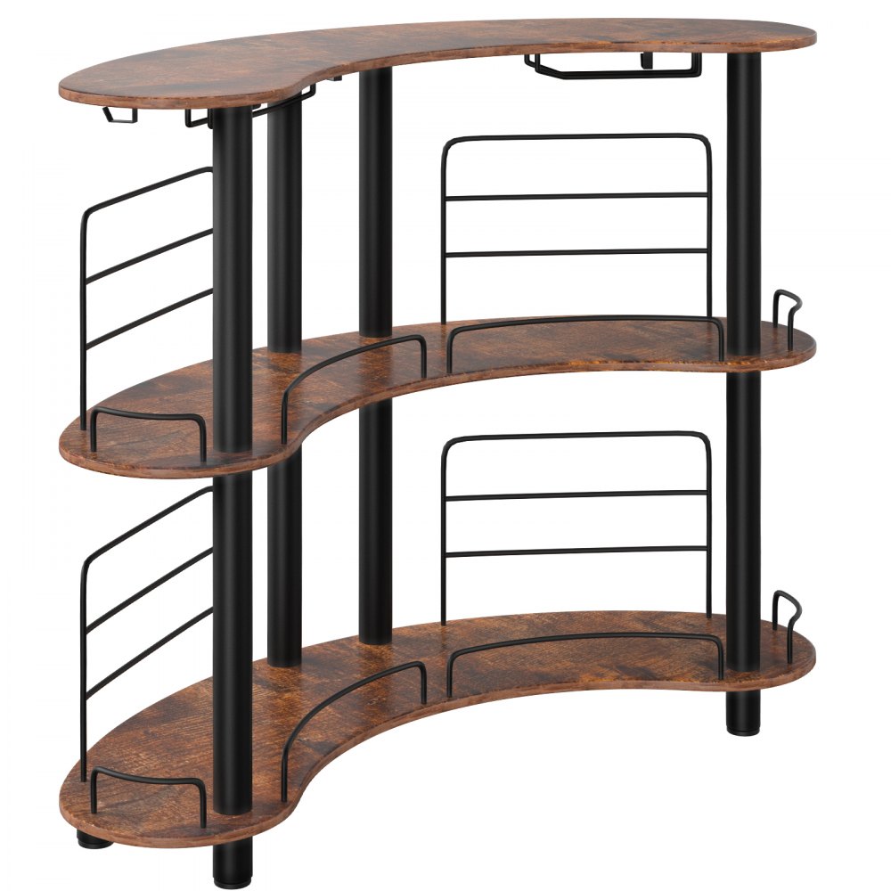 VEVOR Home Bar Unit, 3 niveles para licor con barandillas mejoradas, mesa de esquina con estantes de almacenamiento, soporte para copas de vino y anillo de linterna de hierro para cocina, pub (marrón rústico)