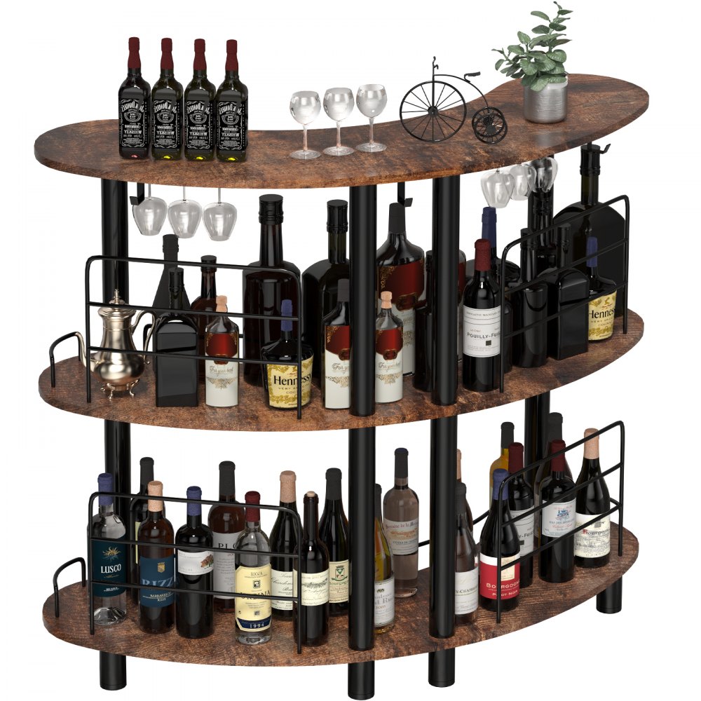 VEVOR Home Bar Unit, 3 niveles para licor con barandillas mejoradas, mesa de esquina con estantes de almacenamiento, soporte para copas de vino y anillo de linterna de hierro para cocina, pub (marrón rústico)