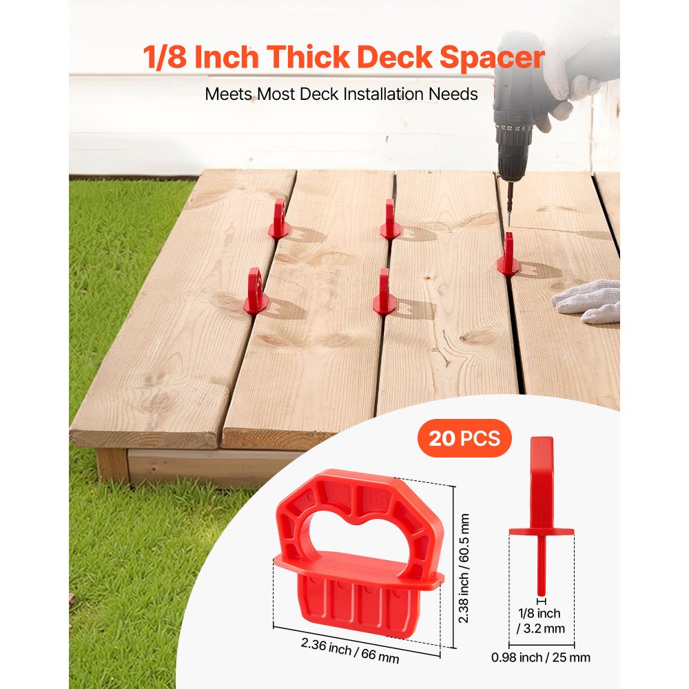 VEVOR 20-Pack 1/8 Inch Deck Board Spacers, Bright Red Gap Jig Rings for Easily Spotting, Easy Pull, ABS Decking Jig Spacing Tool for Composite, PVC, Hardwood, Pressure-Treated Planks, Terrace, Garden
