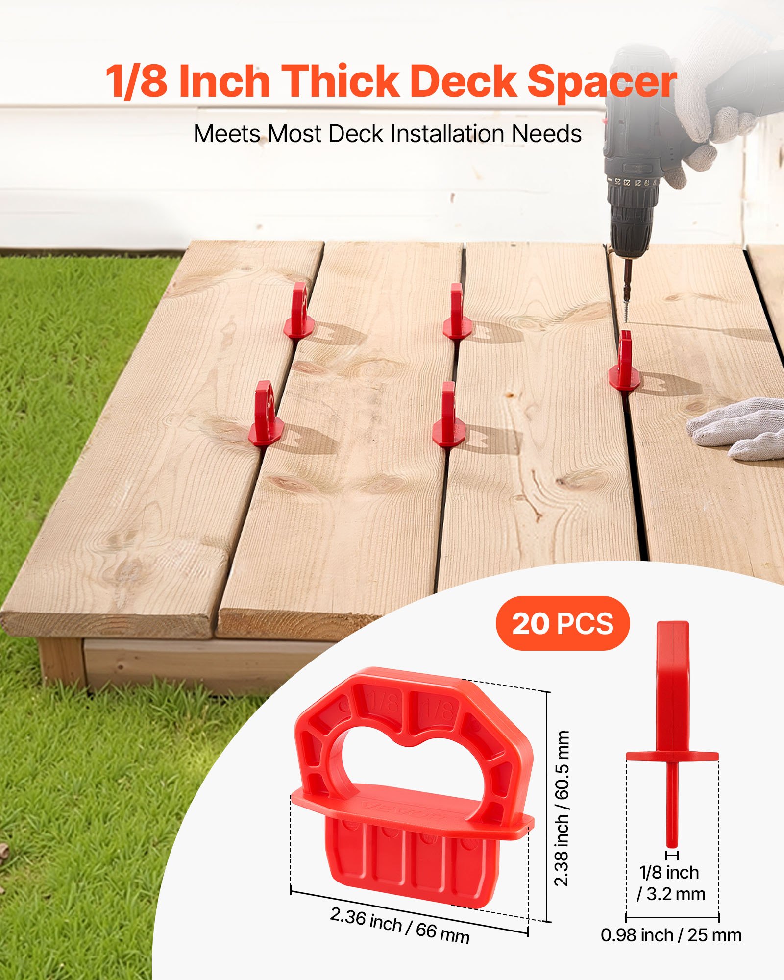 VEVOR 20-Pack 1/8 Inch Deck Board Spacers, Bright Red Gap Jig Rings for Easily Spotting, Easy Pull, ABS Decking Jig Spacing Tool for Composite, PVC, Hardwood, Pressure-Treated Planks, Terrace, Garden