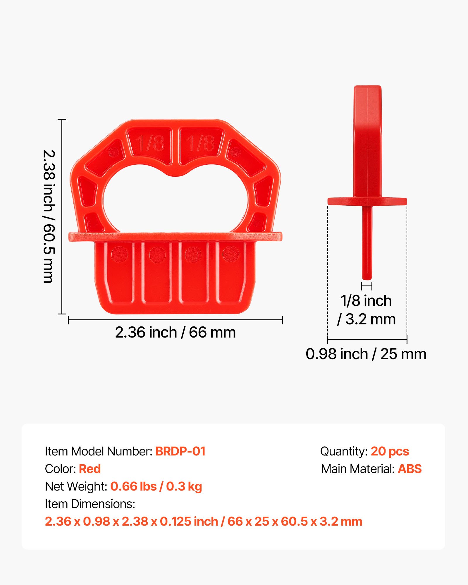 VEVOR 20-Pack 1/8 Inch Deck Board Spacers, Bright Red Gap Jig Rings for Easily Spotting, Easy Pull, ABS Decking Jig Spacing Tool for Composite, PVC, Hardwood, Pressure-Treated Planks, Terrace, Garden
