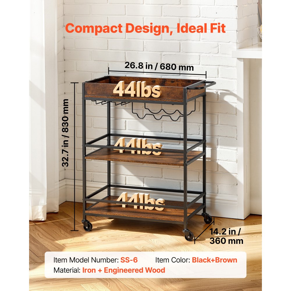 VEVOR Bar Cart, 3 Tiers Home Kitchen Serving Carts, Industrial Rolling Utility Station on Wheel, Mobile Drink Beverage Shelf with Wine Rack & Glass Holder, 26.77x14.17x32.68 in, Rustic Brown and Black