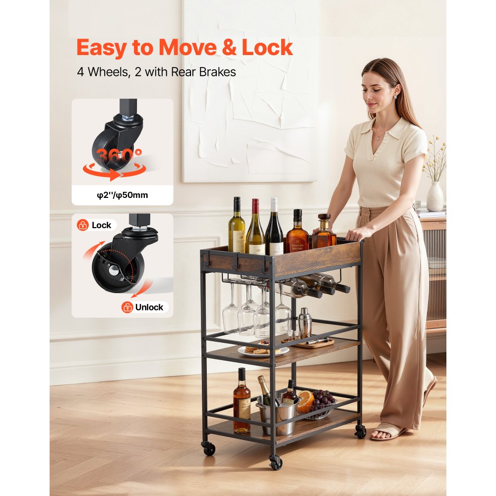 VEVOR Bar Cart, 3 Tiers Home Kitchen Serving Carts, Industrial Rolling Utility Station on Wheel, Mobile Drink Beverage Shelf with Wine Rack & Glass Holder, 26.77x14.17x32.68 in, Rustic Brown and Black
