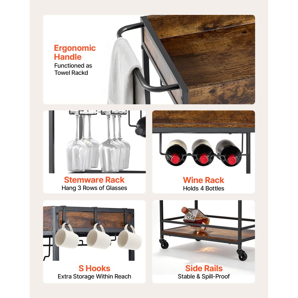VEVOR Bar Cart, 3 Tiers Home Kitchen Serving Carts, Industrial Rolling Utility Station on Wheel, Mobile Drink Beverage Shelf with Wine Rack & Glass Holder, 26.77x14.17x32.68 in, Rustic Brown and Black