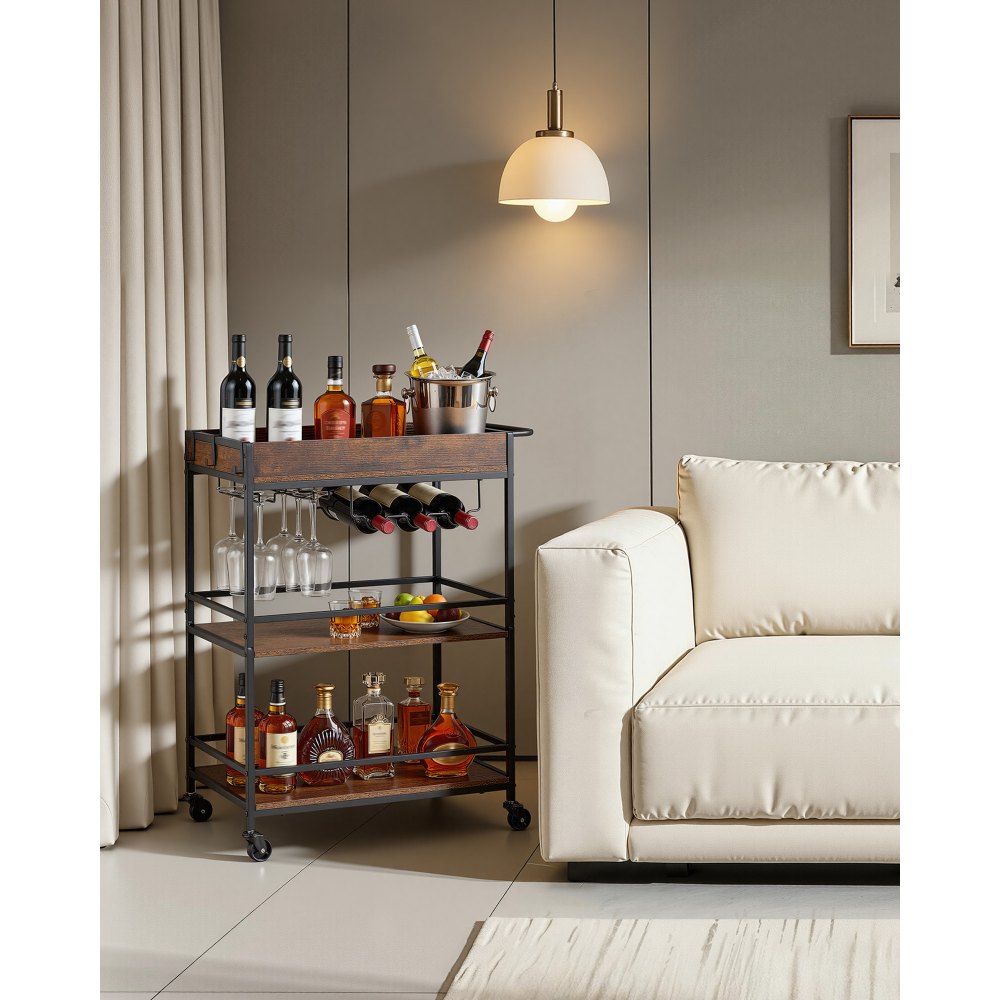VEVOR Bar Cart, 3 Tiers Home Kitchen Serving Carts, Industrial Rolling Utility Station on Wheel, Mobile Drink Beverage Shelf with Wine Rack & Glass Holder, 26.77x14.17x32.68 in, Rustic Brown and Black