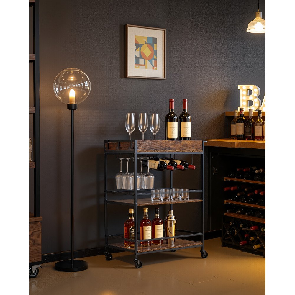 VEVOR Bar Cart, 3 Tiers Home Kitchen Serving Carts, Industrial Rolling Utility Station on Wheel, Mobile Drink Beverage Shelf with Wine Rack & Glass Holder, 26.77x14.17x32.68 in, Rustic Brown and Black