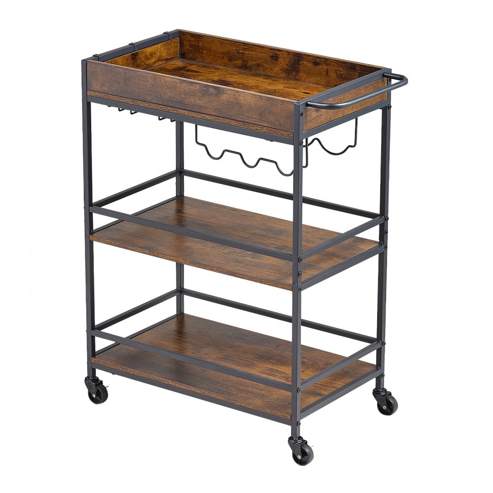 VEVOR Bar Cart, 3 Tiers Home Kitchen Serving Carts, Industrial Rolling Utility Station on Wheel, Mobile Drink Beverage Shelf with Wine Rack & Glass Holder, 26.77x14.17x32.68 in, Rustic Brown and Black