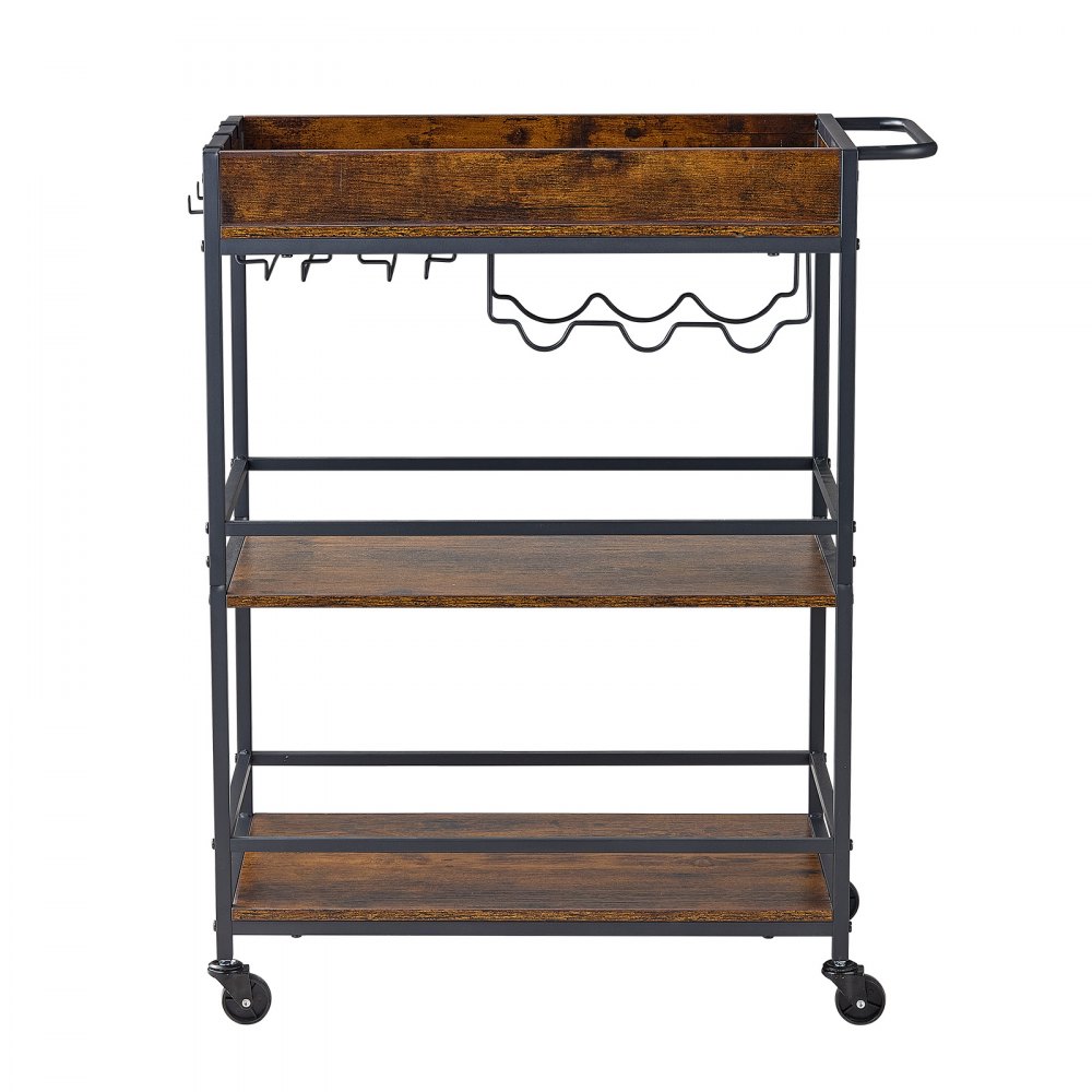 VEVOR Bar Cart, 3 Tiers Home Kitchen Serving Carts, Industrial Rolling Utility Station on Wheel, Mobile Drink Beverage Shelf with Wine Rack & Glass Holder, 26.77x14.17x32.68 in, Rustic Brown and Black